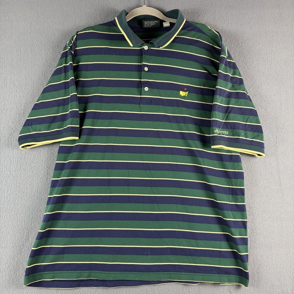 Masters Collection Polo Shirt Men Extra Large Green Striped Augusta Logo Two Ply